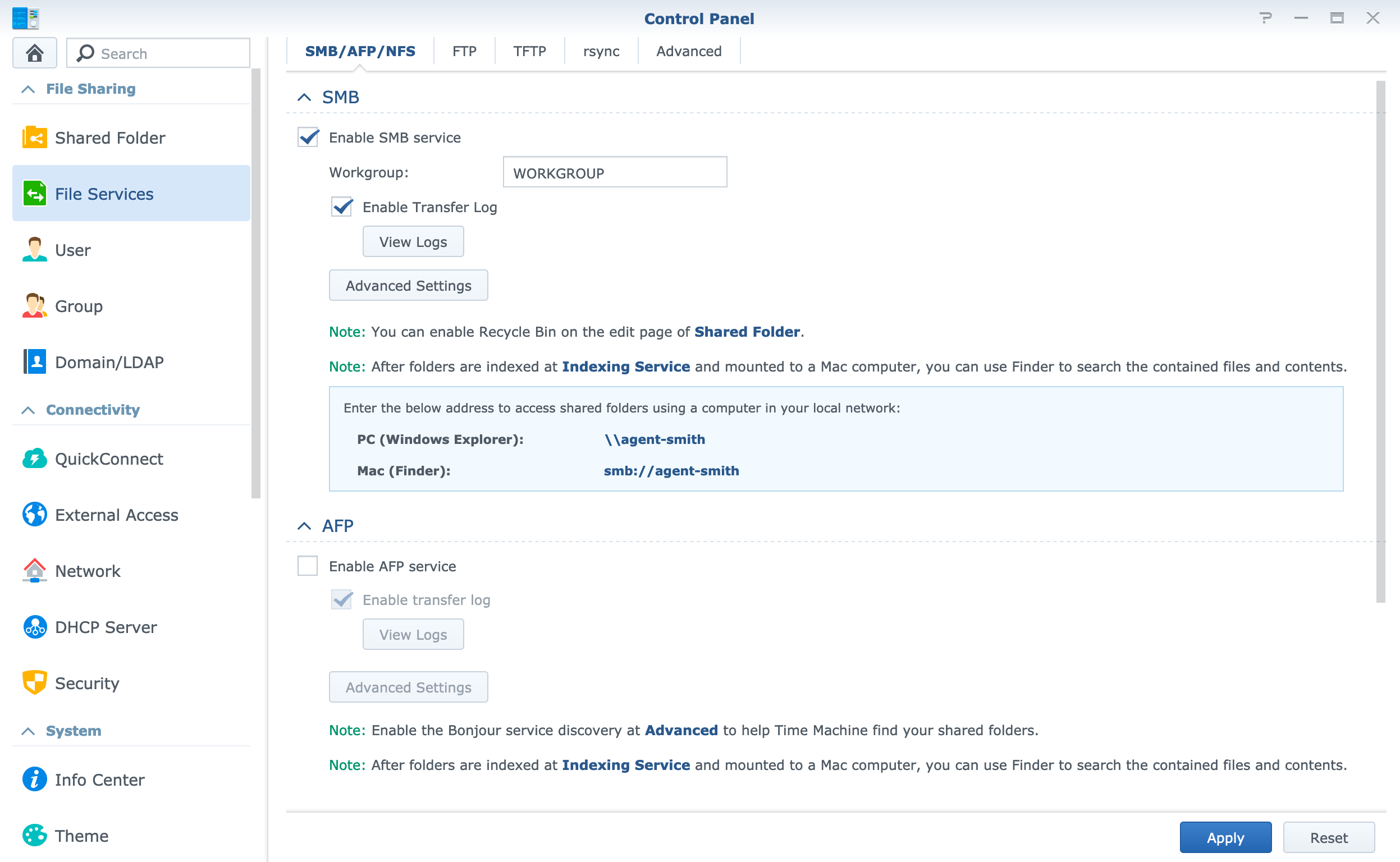 Screenshot of the "File Services" setting screen in Synology DSM