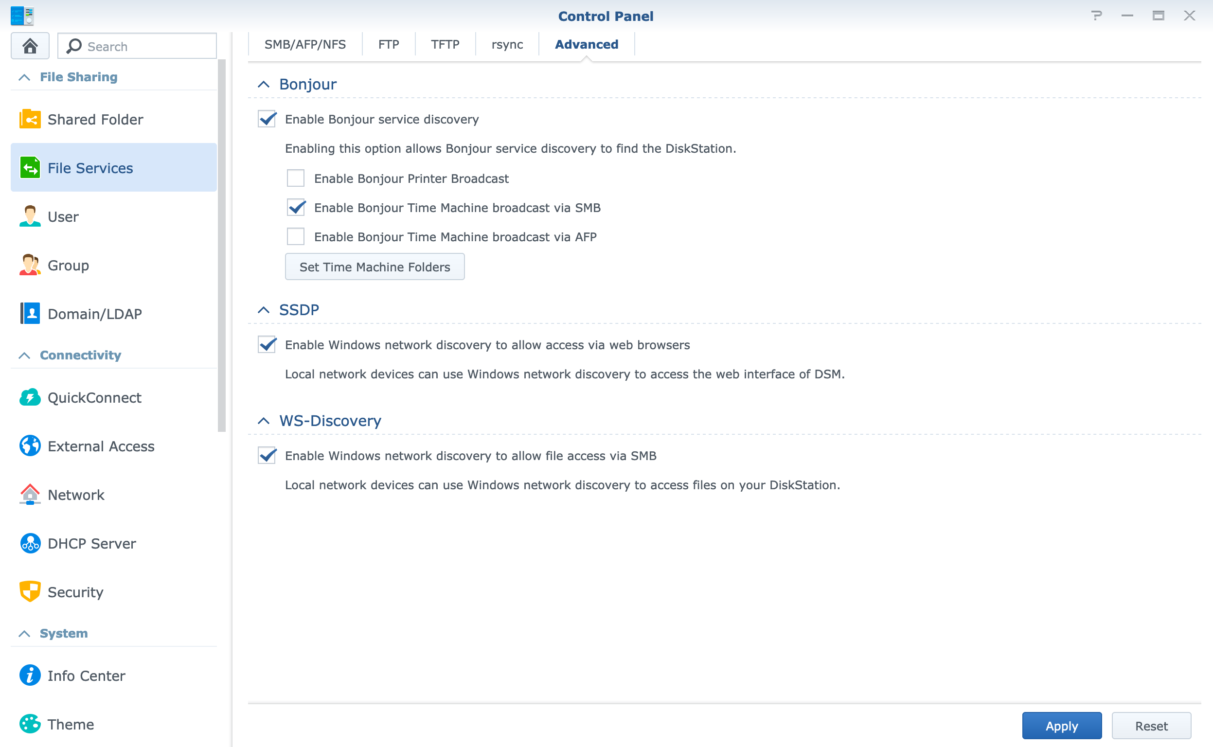 Screenshot of the "File Services - Advanced" setting screen in Synology DSM